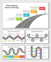 Roadmapping Business Strategy with curved road, colorful milestones, icons, and text holders for strategy stages.