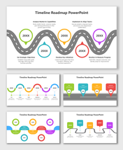 PowerPoint Roadmap Timeline using bright color circles, location-style markers, year labels, and text blocks for each step.