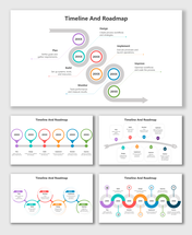Timeline And Roadmap layout showing multicolor phase circles, icons, year tags, arrows, and clean text holders for each step.