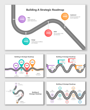 Building A Strategic Roadmap with colorful markers, icons, text blocks, and winding road paths showing plan-design-build step