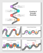 Creating A Strategic Roadmap slide with color-coded circles, icons, labels, and wavy road shapes linking all planning stages.