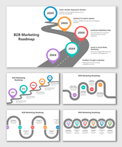 B2B Marketing Roadmap featuring bright markers, year labels, text holders, and a curved road for each strategy step.