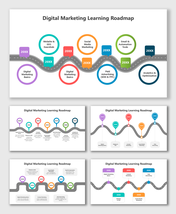 Digital Marketing Learning Roadmap with colored markers, icons, text boxes, and a curved road showing key learning steps.