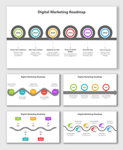 Digital Marketing Roadmap with colored circles, year tags, text boxes, and a curved road showing key marketing steps.