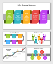 Sales Strategy Roadmap showing color-coded steps, text holders, icons, and grey road paths connecting key sales actions.