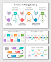 Marketing Technology Roadmap with colored circles, icons, and road paths linking tech steps.