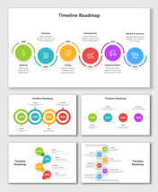 Timeline Roadmap Slide featuring bright color rings, year tags, icons, and text holders that show project stages in sequence.