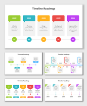 Timeline Roadmap Slide Template with multicolor hexagons, year tags, and curved road shapes showing project steps.