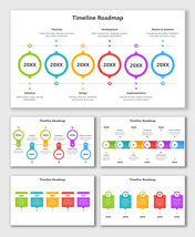 Timeline Roadmap PPT Template with color-coded hexagons, icons, text holders, and grey road paths showing each project step.