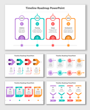 Timeline Roadmap Template PowerPoint with colorful shapes, icons, and curved paths linking project stages.