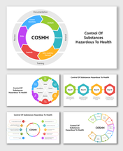 Control Of Substances Hazardous To Health with colorful circular diagrams, icons, and step labels for safety guidance.