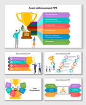 Team Achievement slide with trophy, colorful layered tabs, icons, and teamwork characters celebrating.