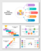 Team Achievements Examples with trophy, multicolor tabs, icons, and team celebrating success.