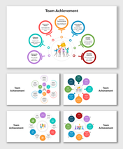 Team Achievement PPT with trophy team graphic, colorful circles, icons, and labeled achievement points.