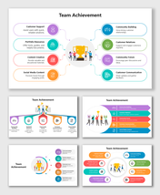 Team Achievement Slide Template with trophy team graphic, colorful icons, labels, and rounded text boxes.