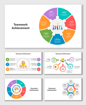 Teamwork Achievement slide with central trophy team graphic and multicolor segment labels around circle.