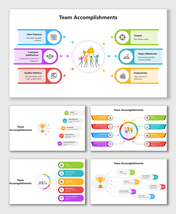 Team Accomplishments Presentation with trophy graphic, multicolor icons, text boxes, and circular layout.