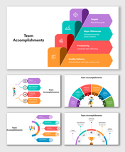 Team Accomplishments Template with multicolor steps, icons, curved labels, and milestone text blocks.