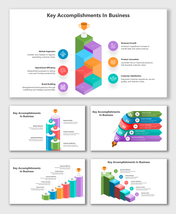 Key Accomplishments In Business shown with colorful 3D blocks, icons for goals, and labeled text items.