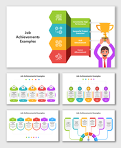 Job Achievements Examples with colorful stacked shapes, icons, text blocks, and trophy graphic.