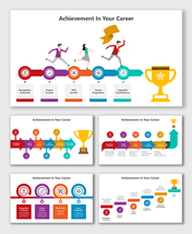 Achievement In Your Career with colorful step shapes, icons, title boxes, people running, and trophy art.