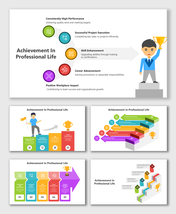 Achievement In Professional Life with colorful step icons, arrow shapes, text blocks, and trophy graphic.