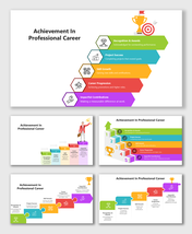 Achievement In Professional Career with colorful step blocks, icons, labels, trophy and arrow flow.