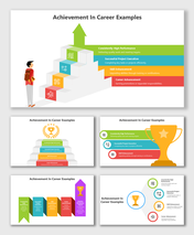 Achievement In Career Examples with colored step blocks, icons, arrow growth path and text labels.