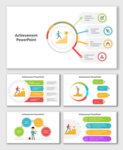 Achievement PowerPoint Presentation with circular steps, icons, bright colors, and goal visuals.
