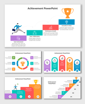 Achievement slide with circular steps, trophy icon, colored badges, text boxes and career symbols.