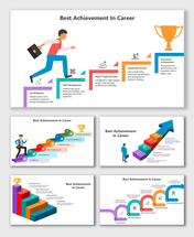 Best Achievement In Career template showing colorful steps, growth icons, and trophy graphic.