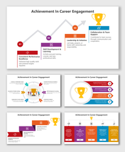Achievement In Career Engagement slide with steps, icons, trophy, and multi-color text boxes.