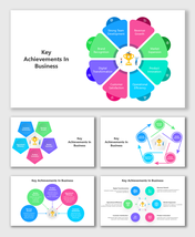 Key Achievements In Business slide with colorful segments, trophy icon, and business metric labels.