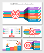 List Of Achievements In Business Year slide with target graphic, color bands, icons, and text labels.