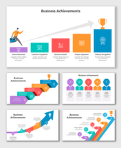 Business Achievements Slide with arrow path, colorful blocks, icons, and text showing growth steps.