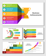 Business Achievements PPT with trophy, color bars, icons, and text blocks showing key business wins.