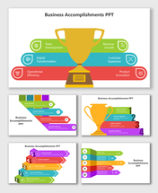 Business Accomplishments PPT showing arrows, icons, labels, and bright color shapes for goals.