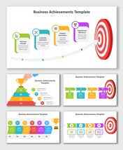Business Achievements Template with target, color steps, icons, and text blocks for business goals.