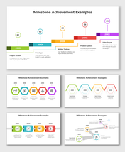 Milestone Achievement Examples showing multicolor steps, icons, years, and milestone text.