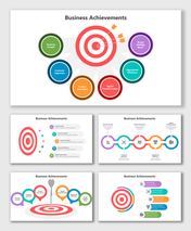 Business Achievements with target graphic, color circles, icons, and labeled goal text boxes.