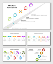 Milestone Achievement Template with color flags, year labels, icons, and timeline text steps.