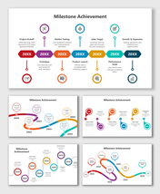 Milestone Achievement PPT Template showing multicolor timeline rounds, icons, years, and text boxes.