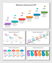 Milestone Achievement PPT with flags, steps, icons, and timeline showing project to performance stages.