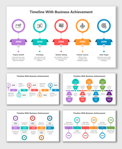 Milestone Achievement PPT design using circles, flags, and arrows to show yearly milestones from kickoff to performance goals