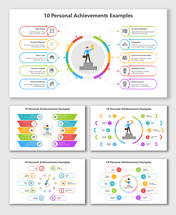 10 Personal Achievements Examples with multicolor rounded labels for team, finance, skills, awards, and growth.