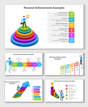 Personal Achievements Examples with layered rainbow steps, icons, and labels for skills, goals, awards, and challenges.
