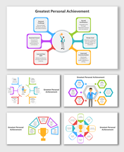 Greatest Personal Achievement slide using multicolor shapes, skill icons, and text boxes around a trophy-holding figure.