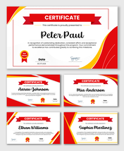 Degrees And Certificates layout with red-gold ribbons, name text blocks, badges, dates, and signatures.
