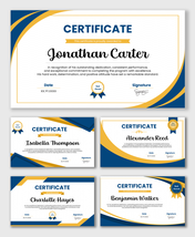 Grad Certification template with blue-gold curves, name text blocks, badges, date fields, and signature areas.