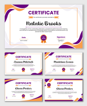 Cert Degree template with purple-orange waves, name text blocks, award badge, date box, and signature area.